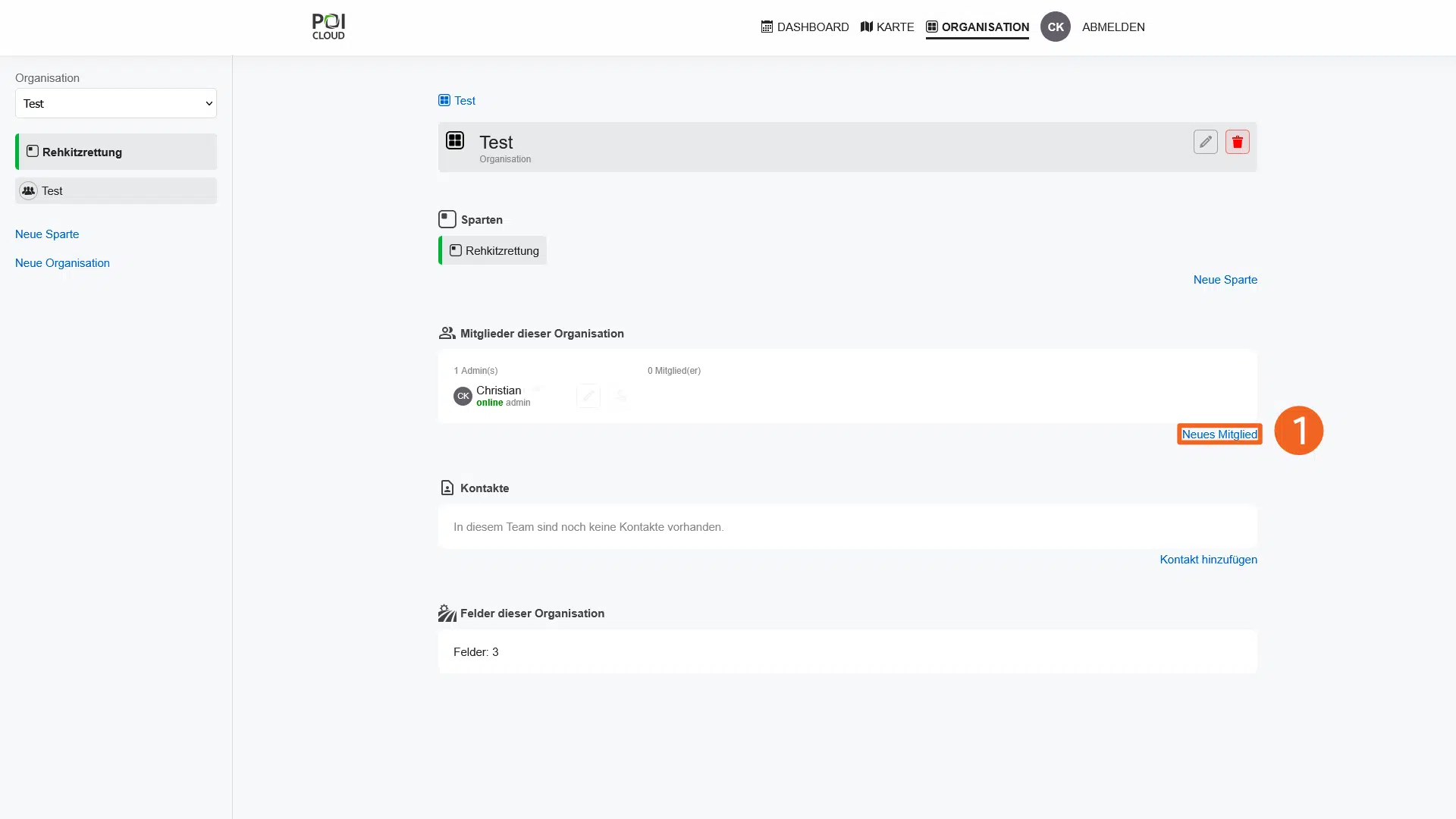 Screenshot POICloud - Organisationsmitglied hinzufügen