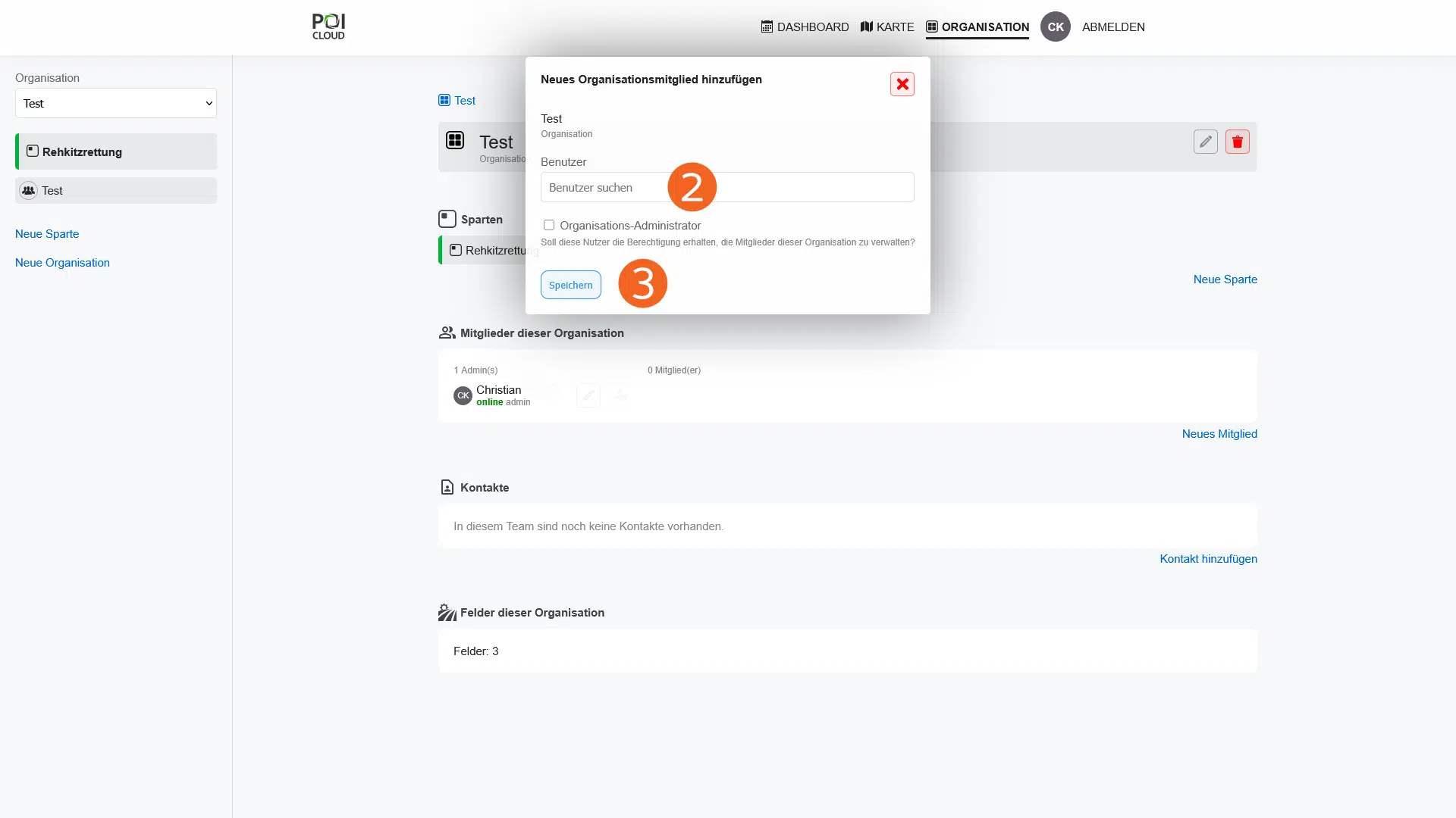 Screenshot POICloud - Organisationsmitglied hinzufügen