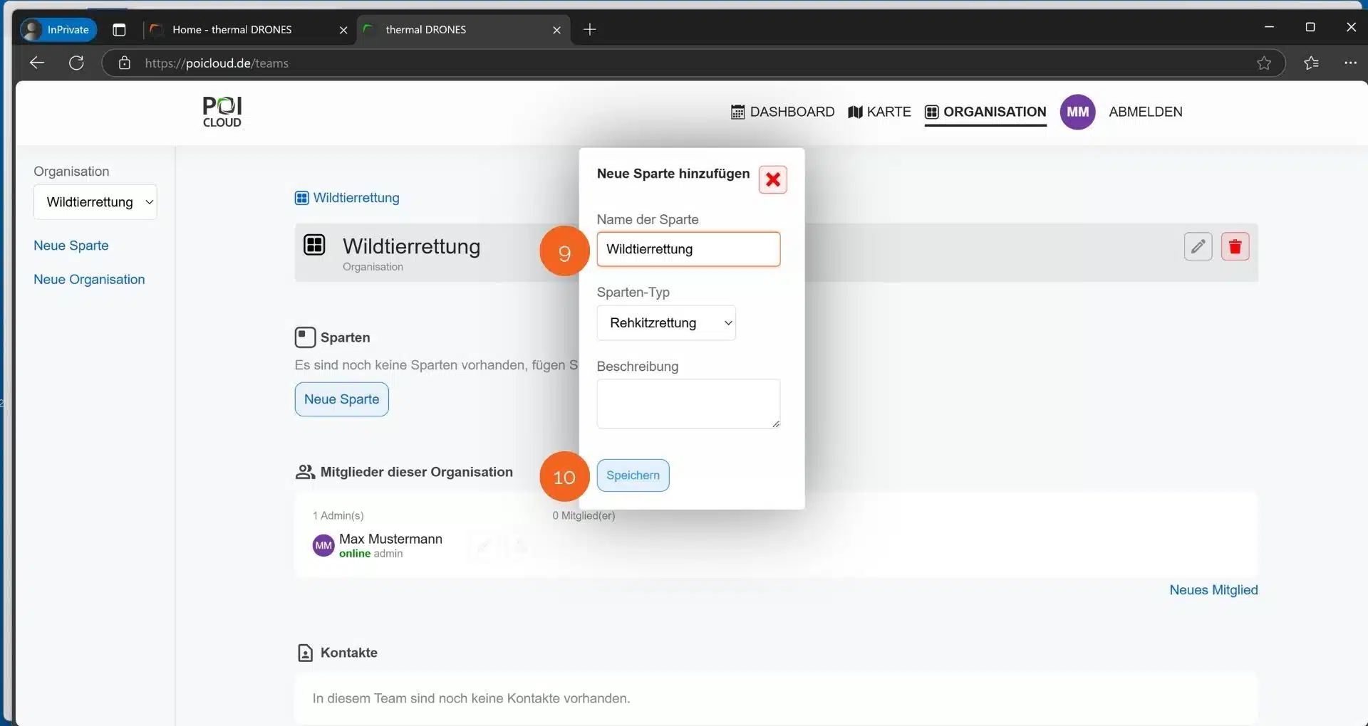 Screenshot POICloud Sparte erstellen
