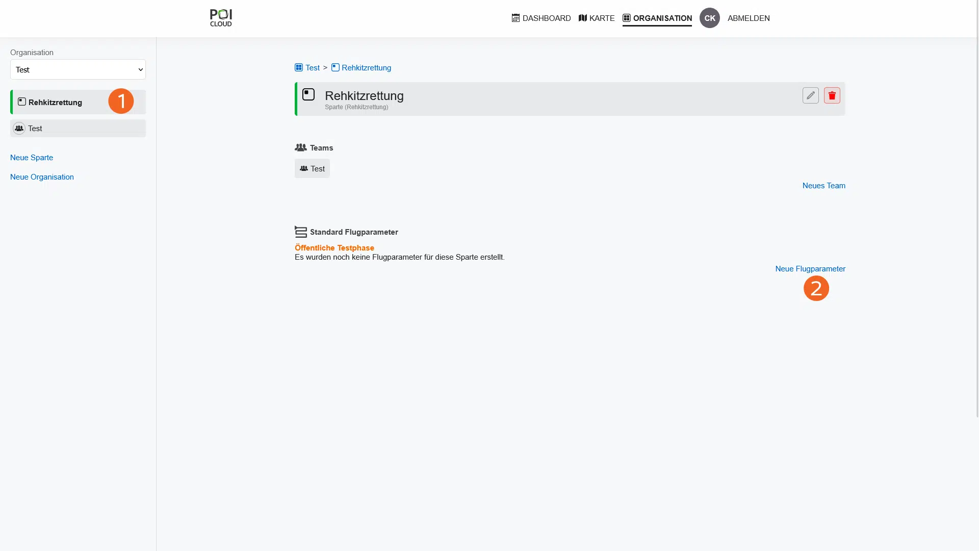 Screenshot POICloud - Sparte - Flugparameter anlegen