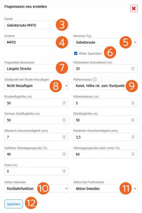Screenshot POICloud - Sparte - Flugparameter anlegen
