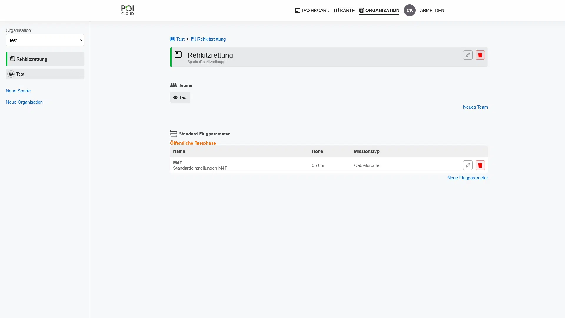 Screenshot POICloud - Sparte - Flugparameter anlegen