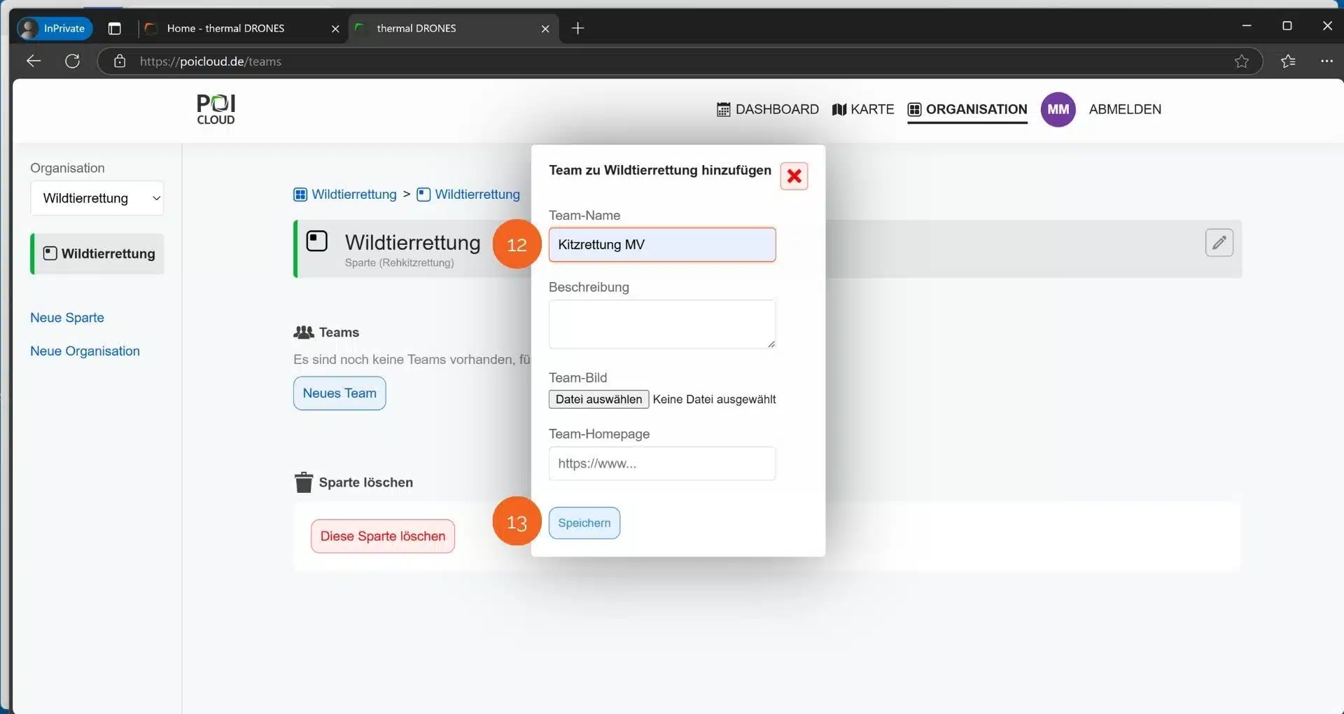 Screenshot POICloud Team erstellen