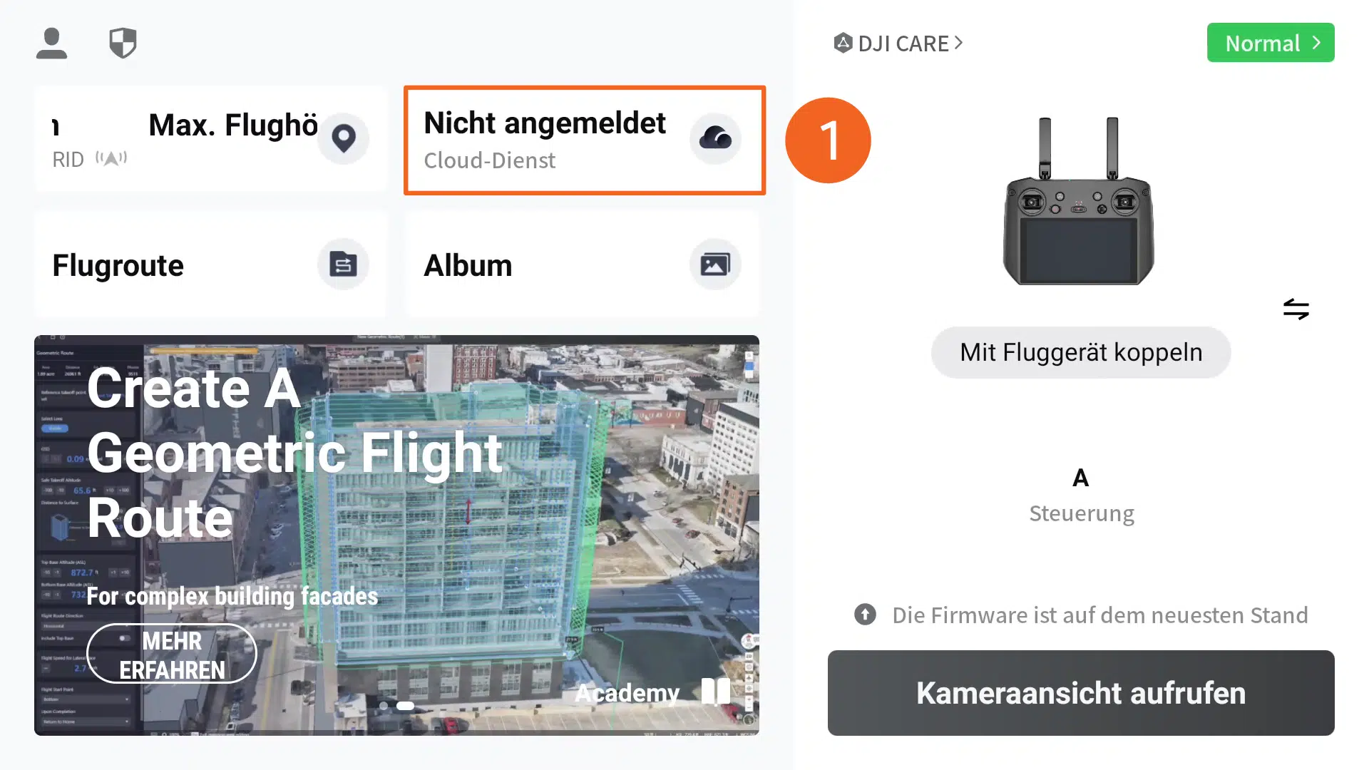 Screenshot DJI Pilot2 App - Startbildschirm - Einrichtung POIConnect