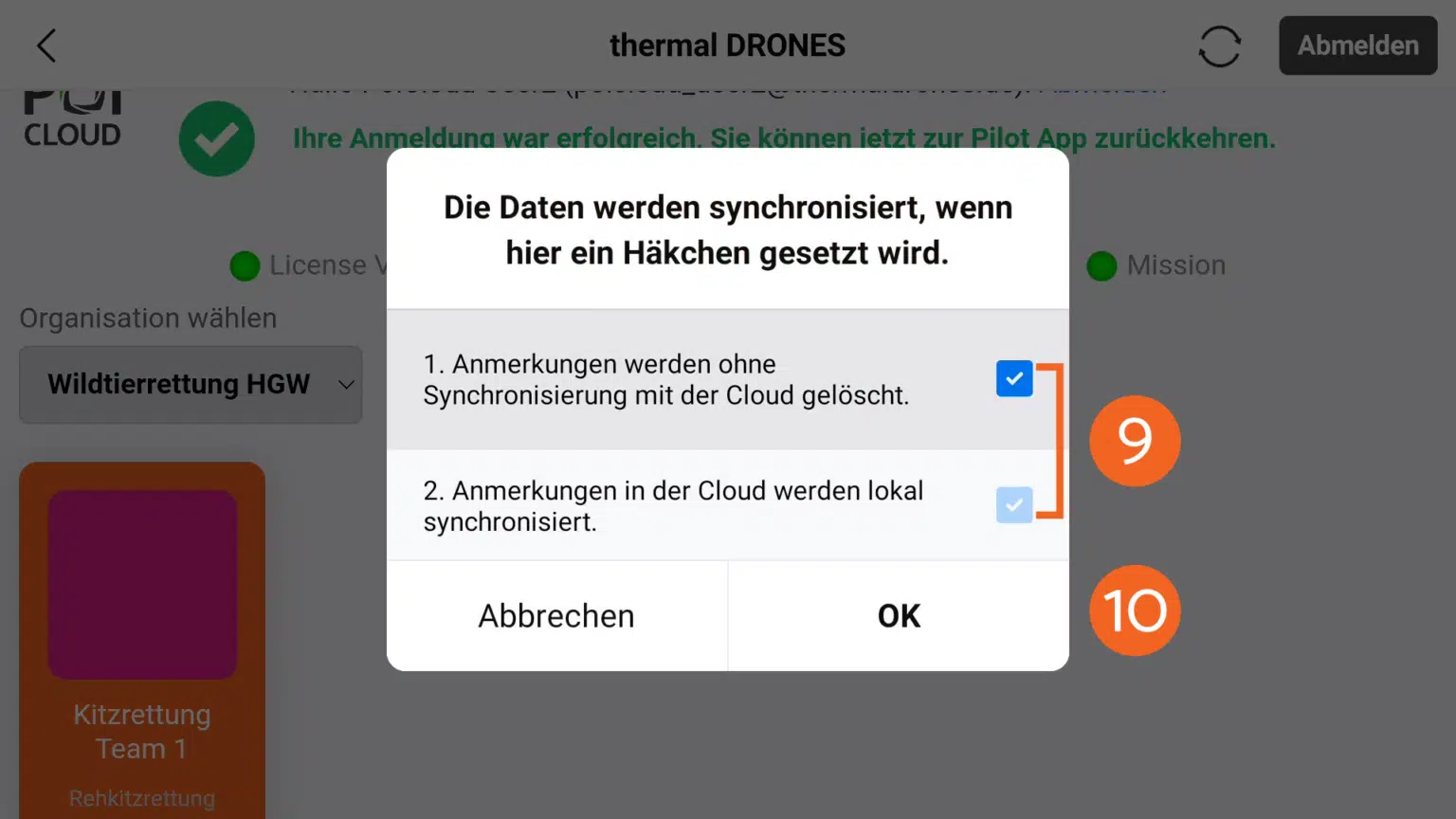 Screenshot DJI Pilot2 App - Datensynchronisierung bestätigen - Einrichtung POIConnect