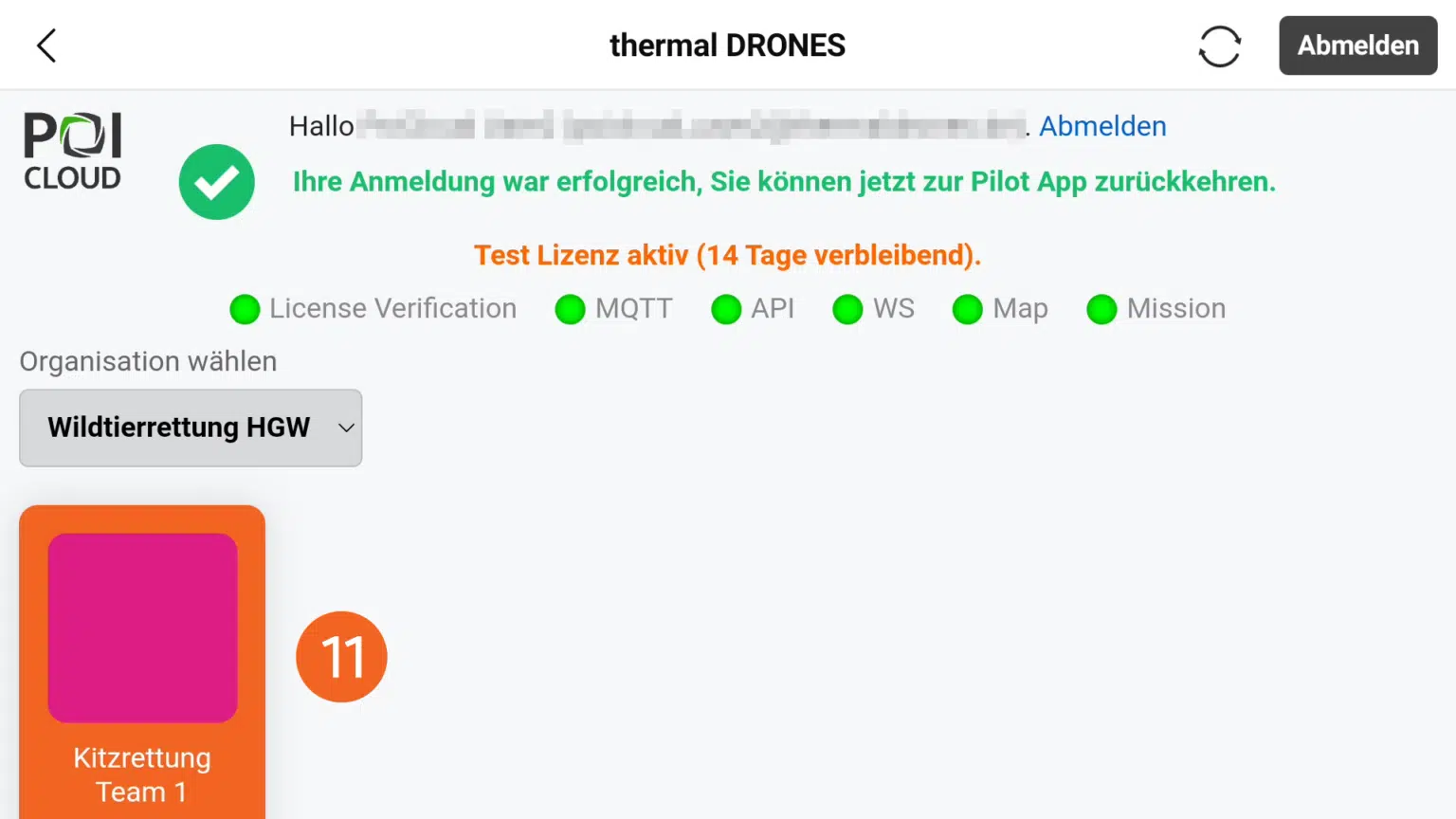 Screenshot DJI Pilot2 App - Auswahl des Teams - Einrichtung POIConnect
