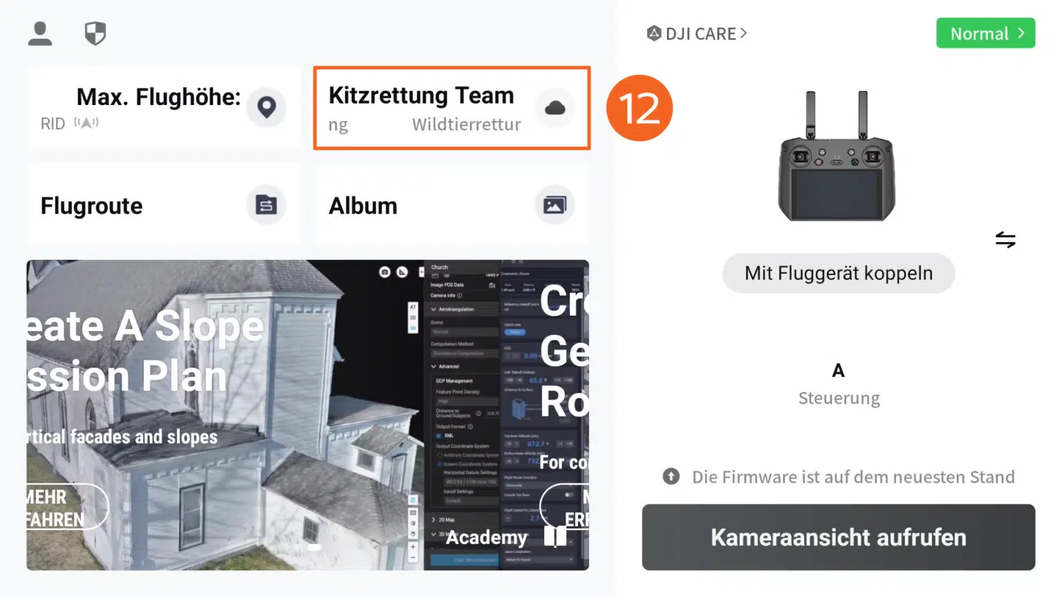 Screenshot DJI Pilot2 App - Startbildschirm - Einrichtung POIConnect