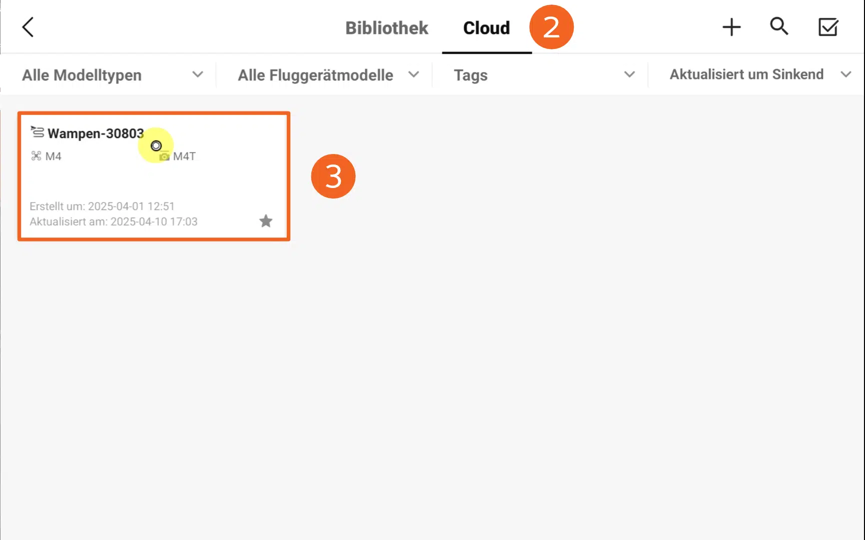 Screenshot DJI Pilot2 App - Flugroute auswählen - POIConnect