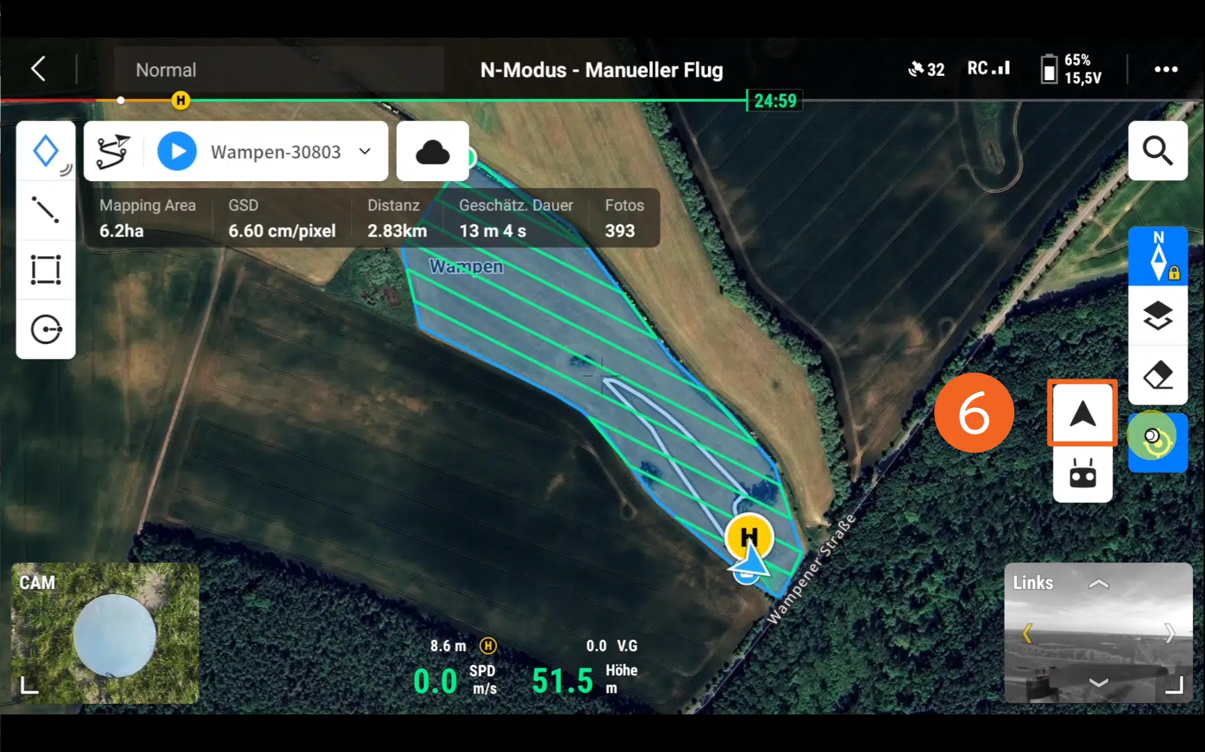 Screenshot DJI Pilot2 App - Karte auf Fluggerät zentrieren - POIConnect