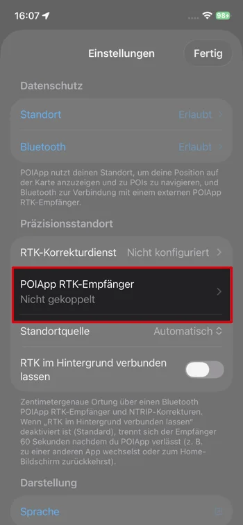 Screenshot - RTK Empfänger in POIApp einrichten - iOS - Schritt 2