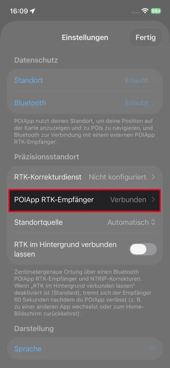 Screenshot - RTK Empfänger in POIApp einrichten - iOS - Schritt 6