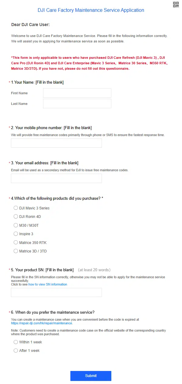 DJI Care Factory Maintenance Service Application